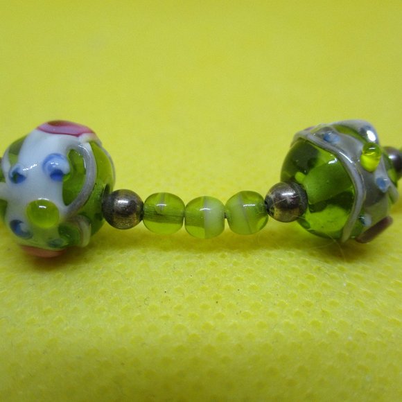 STERLING SILVER Peridot Colored WEDDING Cake Beaded Bracelet Venetian Murano Art - Picture 7 of 8